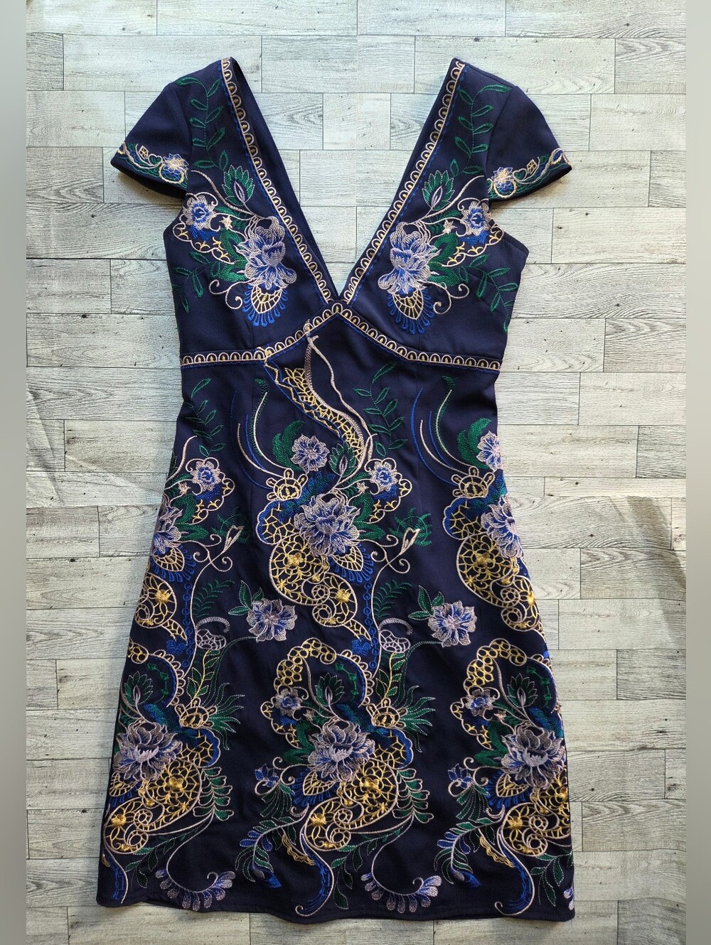 Foxiedox Embroidered Fit & Flare Midi Dress Size XS Navy Blue